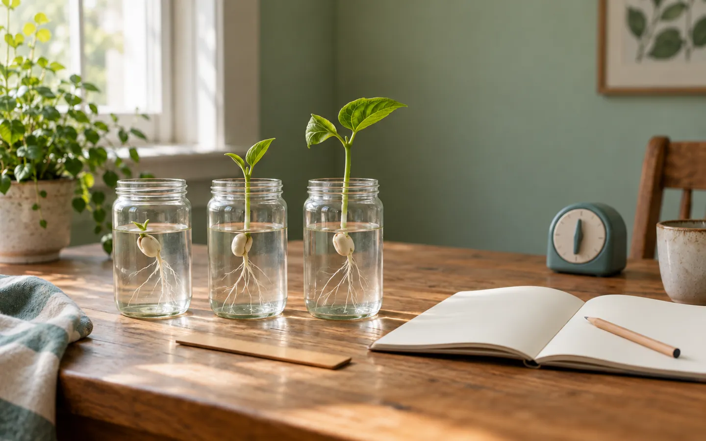 Three glass jars of water on a wooden table, each holding a sprouting bean, beside an open blank notebook and a pencil